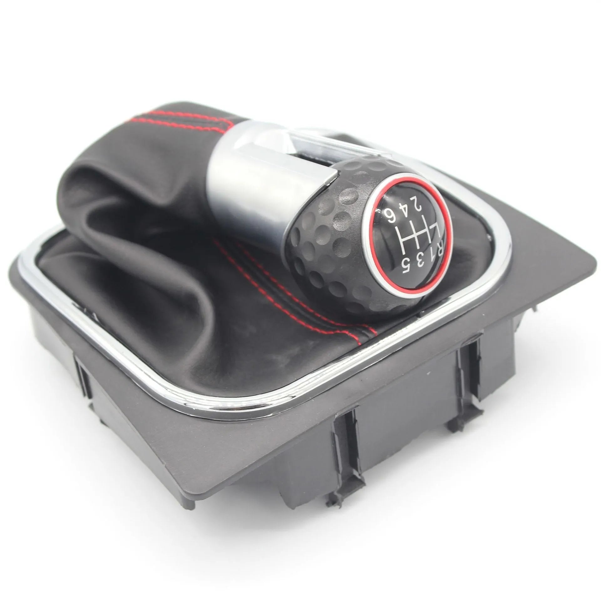 Leather gear shift knob with attached dust boot for Volkswagen Golf manual transmission.