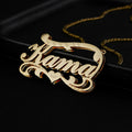 Gold personalised stainless steel necklace with a double-layer wave heart pendant engraved with a name.