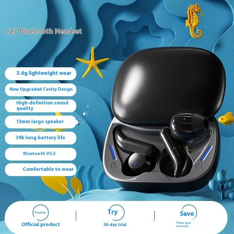 C27 in-ear noise reduction true wireless Bluetooth headset silicone earbuds with digital display in black colour showing charging case