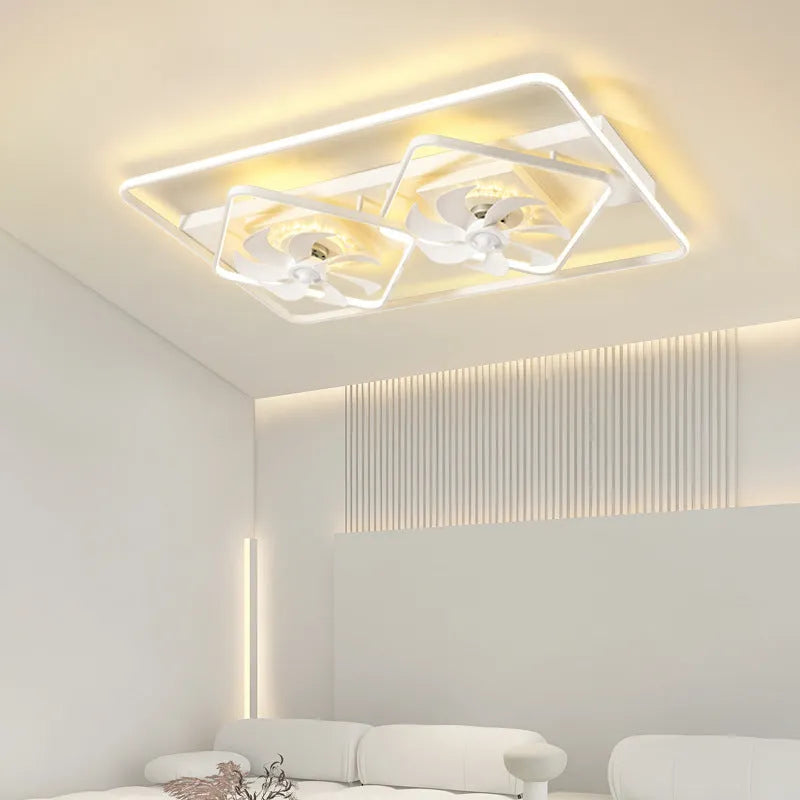 Thin modern ceiling fan lamp with light for bedroom or living room installation.