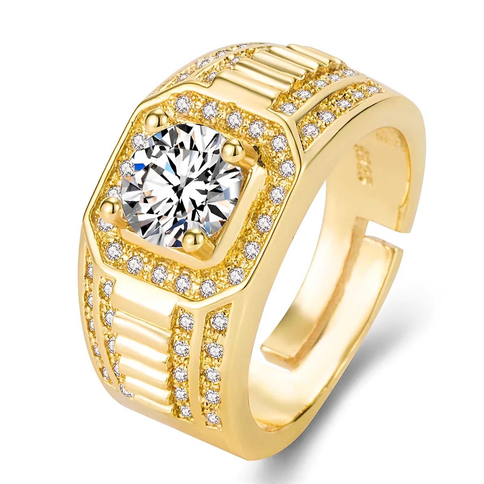 Men's large square diamond ring with adjustable opening in copper metal, gold and platinum colour options
