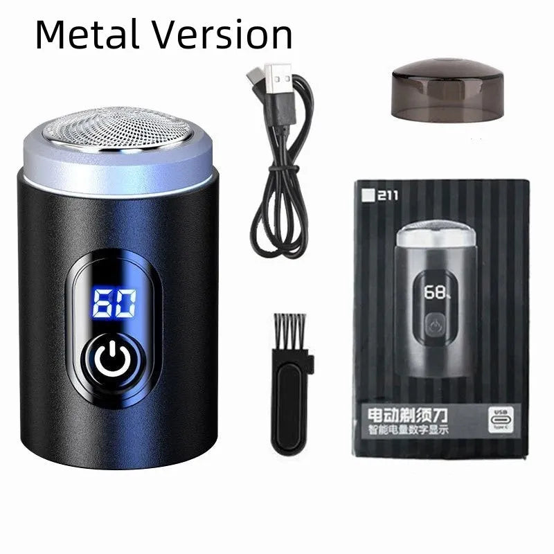 Black household mini portable rechargeable shaver with USB cable and cleaning brush on a white background.