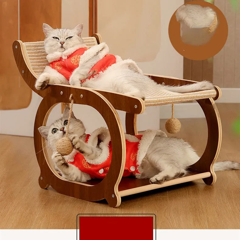 Solid wood cat scratching bed with sisal mat and recliner in wood or walnut colour.