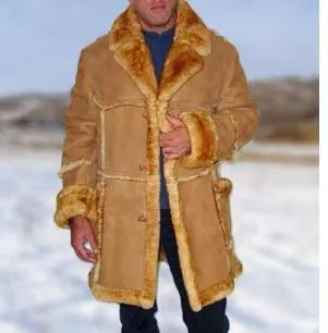 Men's warm plush-lined coat in yellow with slim fit, long sleeves, polyester fabric, front view