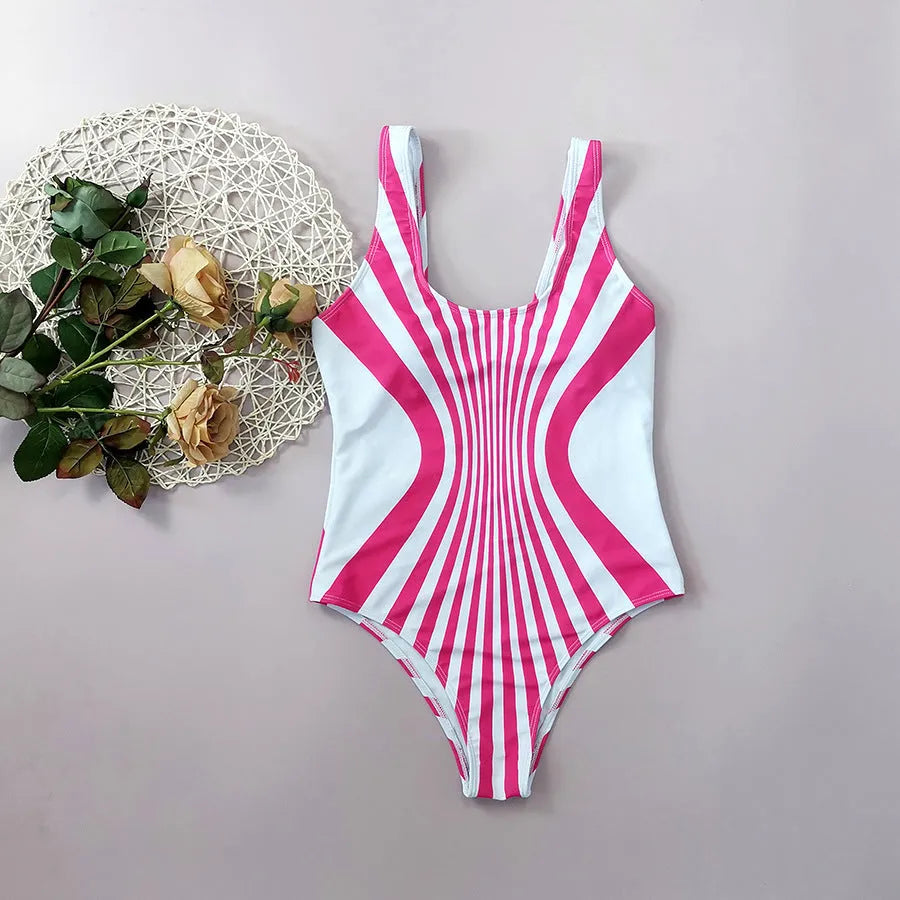 Pink striped one-piece swimsuit for women with front and rear digital print.