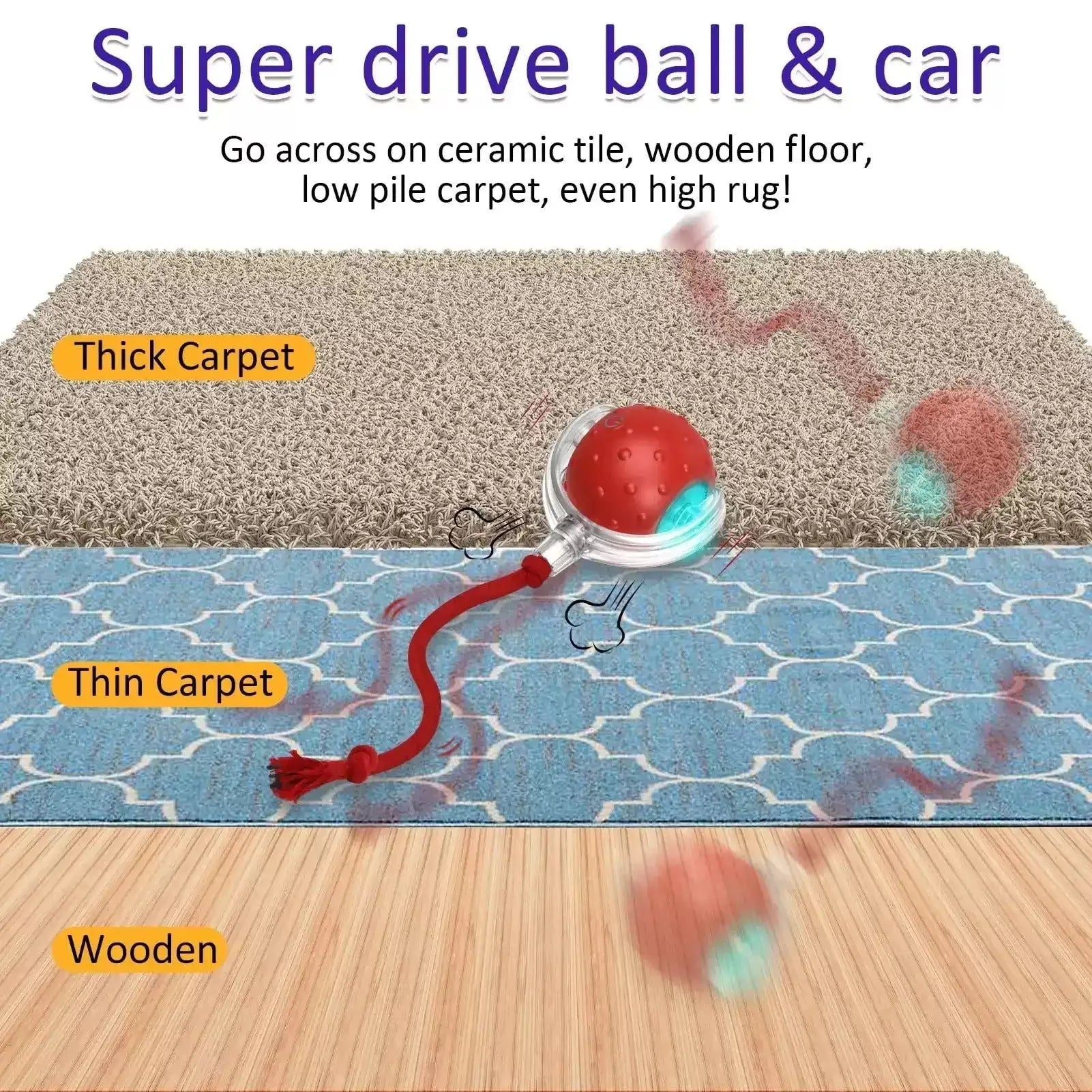 Interactive cat toy ball with feather tail and LED lights in red colour option
