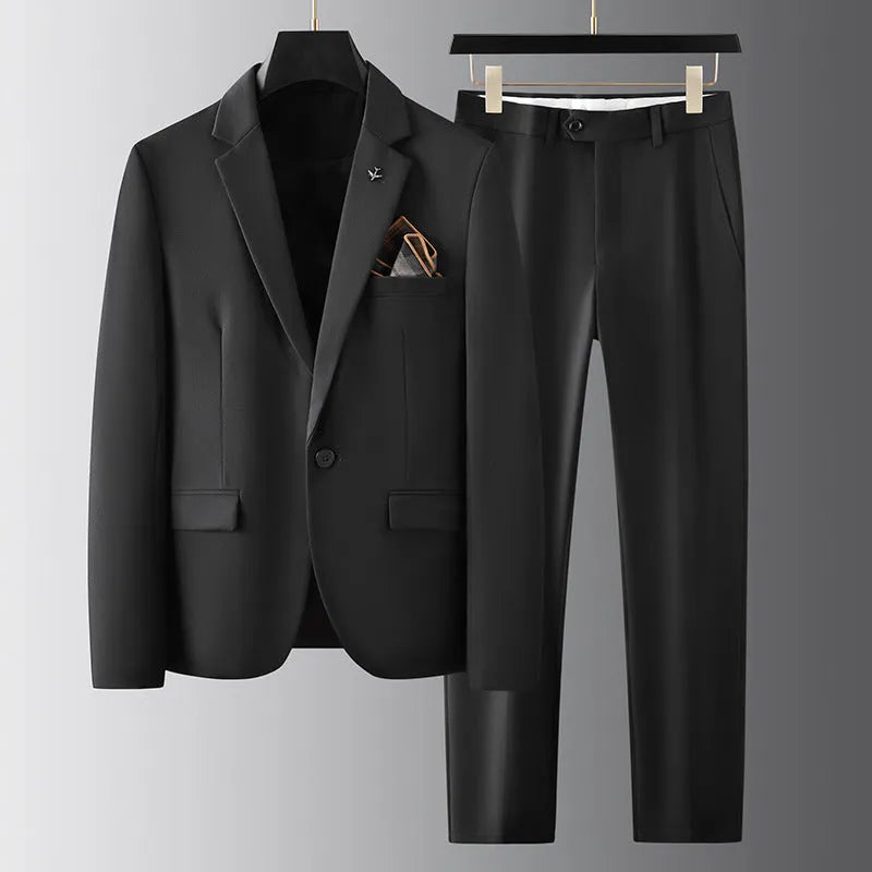 Men's slim fit casual suit set in gray, polyester-viscose fabric, for business formal wear
