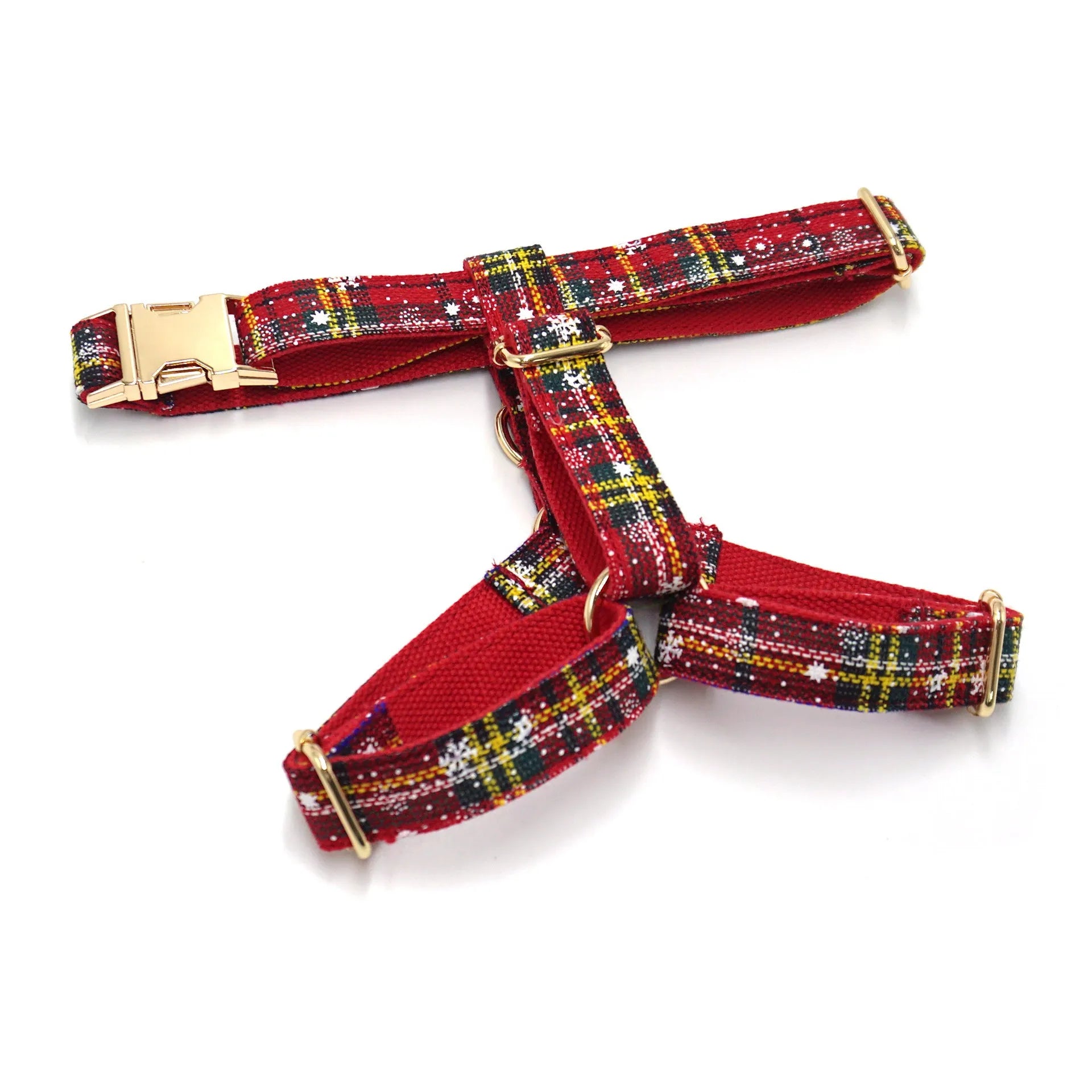 Red Christmas pet collar and harness set with matching leash, bow, and waste bag featuring laser-etched patterns