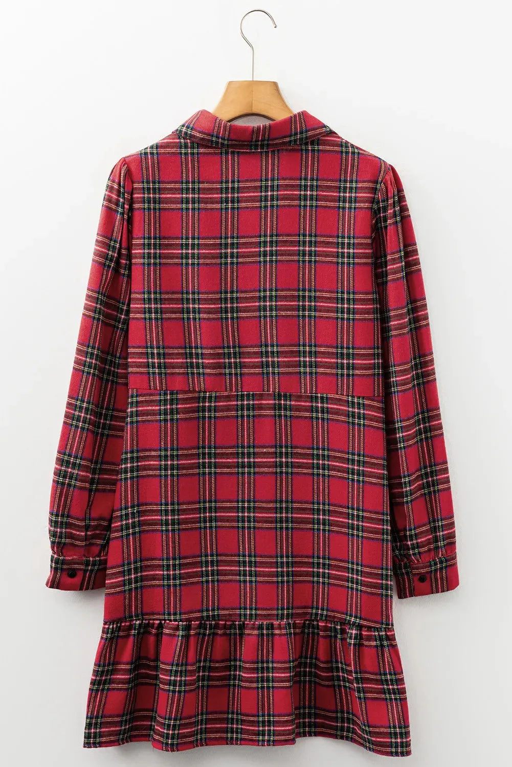 Red plaid shirt collar mini dress with long sleeves, half-button front, and ruffle hem.