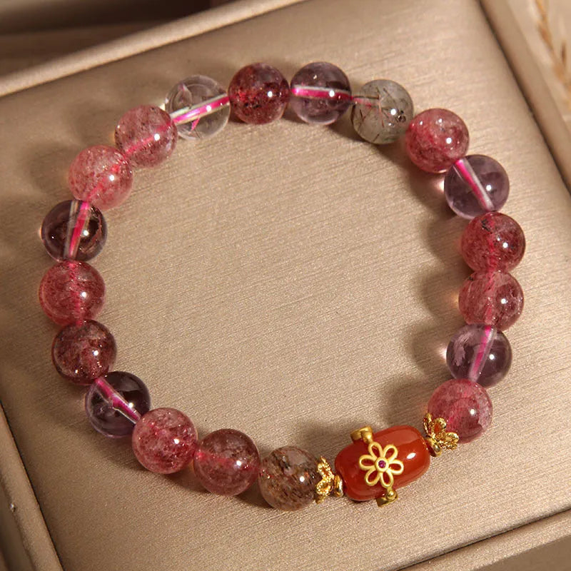 Natural Super Seven crystal bracelet with White Crystal and Red Agate beads in Cartoon style
