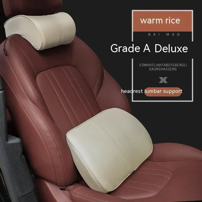 Solid-colour leather memory foam car cushion for head or lumbar support in beige, black, brown or coffee.
