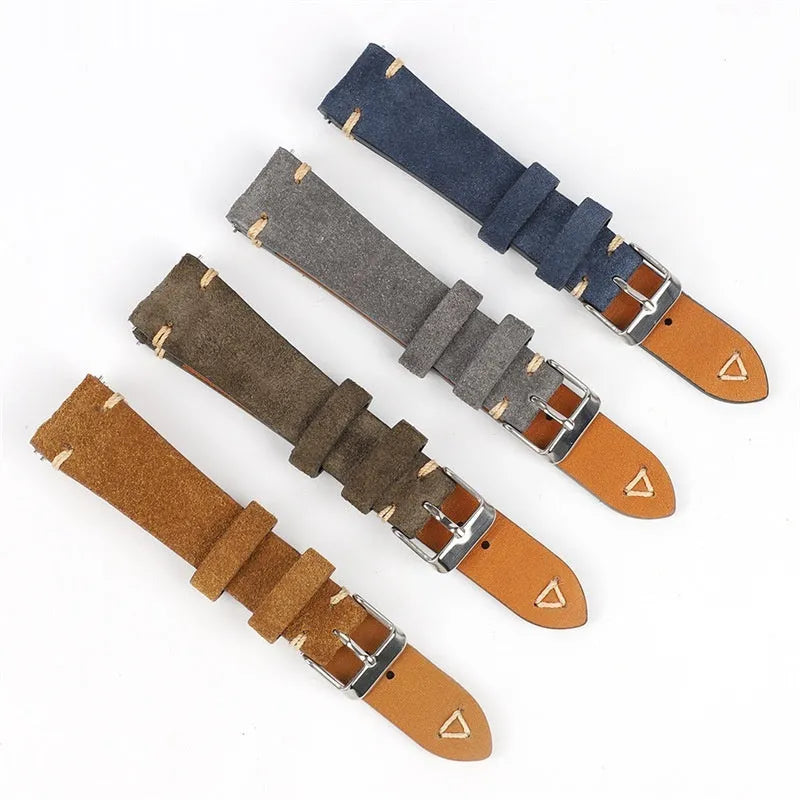 Genuine suede leather watch strap in ethnic style showing brown, blue, grey, and Army Green colour options.