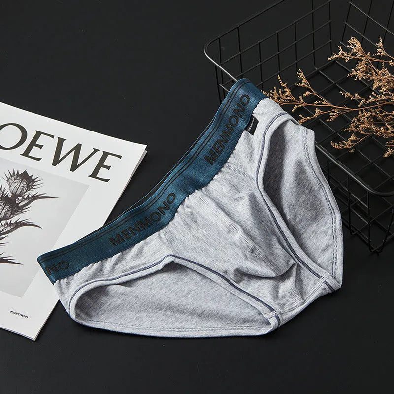 Men's low-waist cotton briefs in a two-tone colour on a solid background.