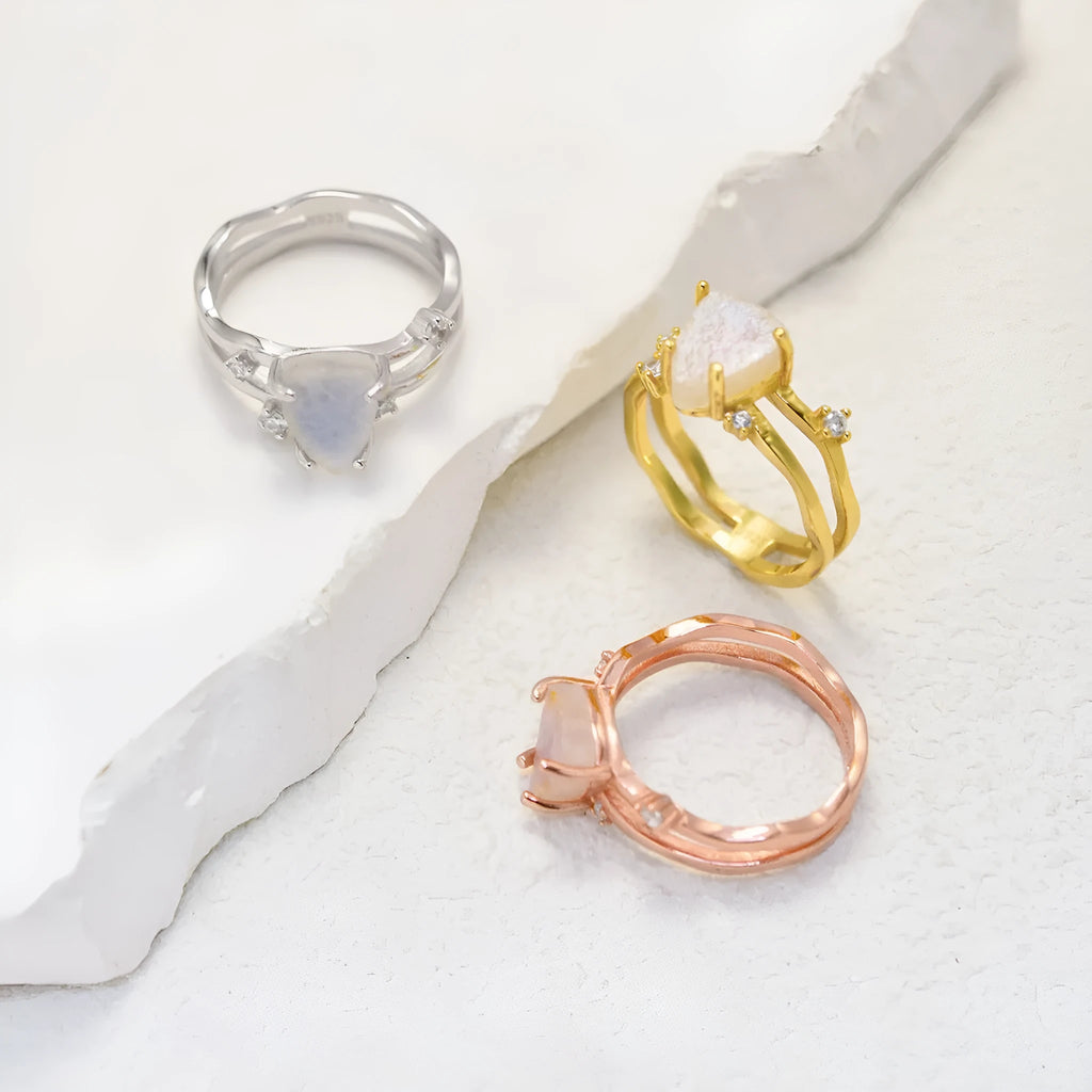 S925 sterling silver irregular triangle ring with moonstone in rose, white, or yellow gold tone.