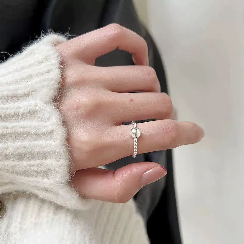 S999 pure silver round bead bean ring silver adjustable women's geometric ring polished finish