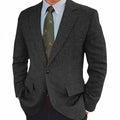 Men's brown herringbone suit jacket with long sleeves and a notch lapel