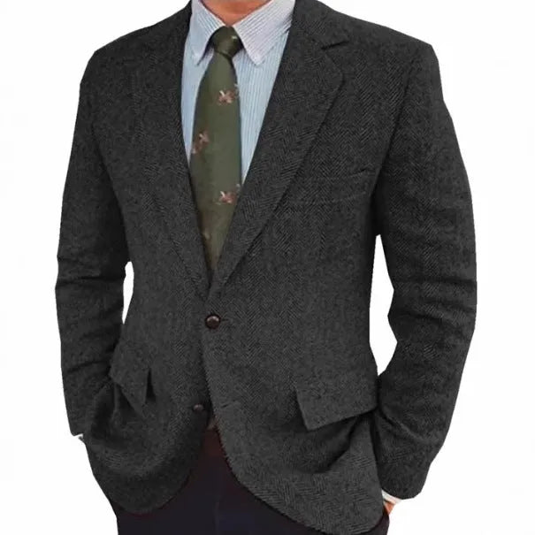 Men's brown herringbone suit jacket with long sleeves and a notch lapel