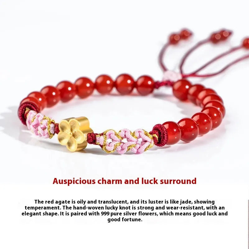 Hand-woven natural rope bracelet with diamond crystal charm in Chinese peach blossom style