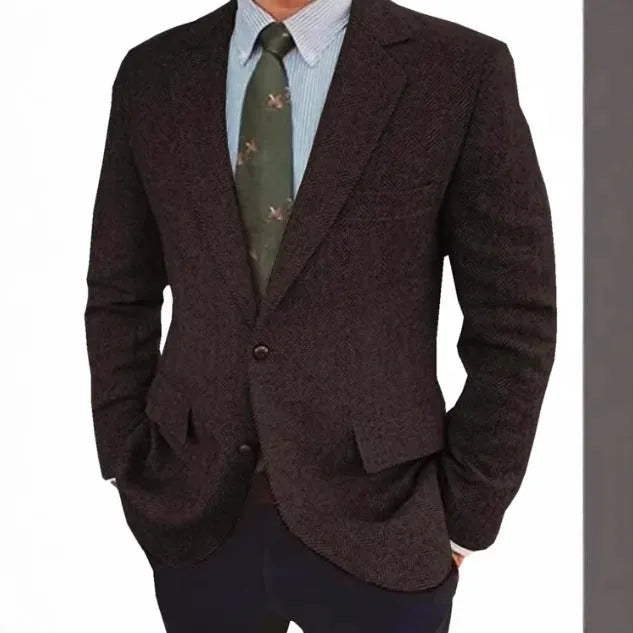 Men's brown herringbone suit jacket with long sleeves and a notch lapel