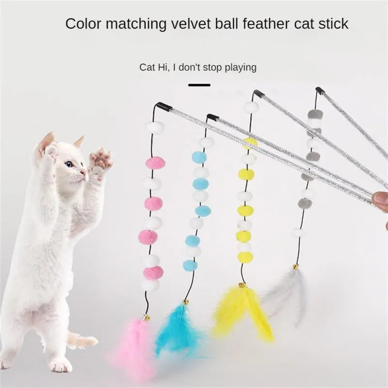 31cm long cat teaser stick wand with bell and colourful feather pompon attachments