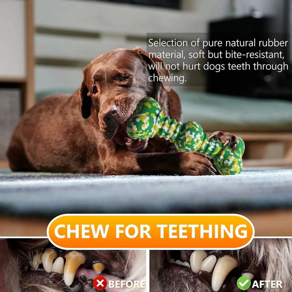 Green, white, and yellow camouflaged natural rubber bone-shaped chew toy for large dogs.