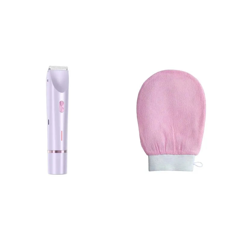 Pink women's electric body hair trimmer and shaver with USB cable on a white background