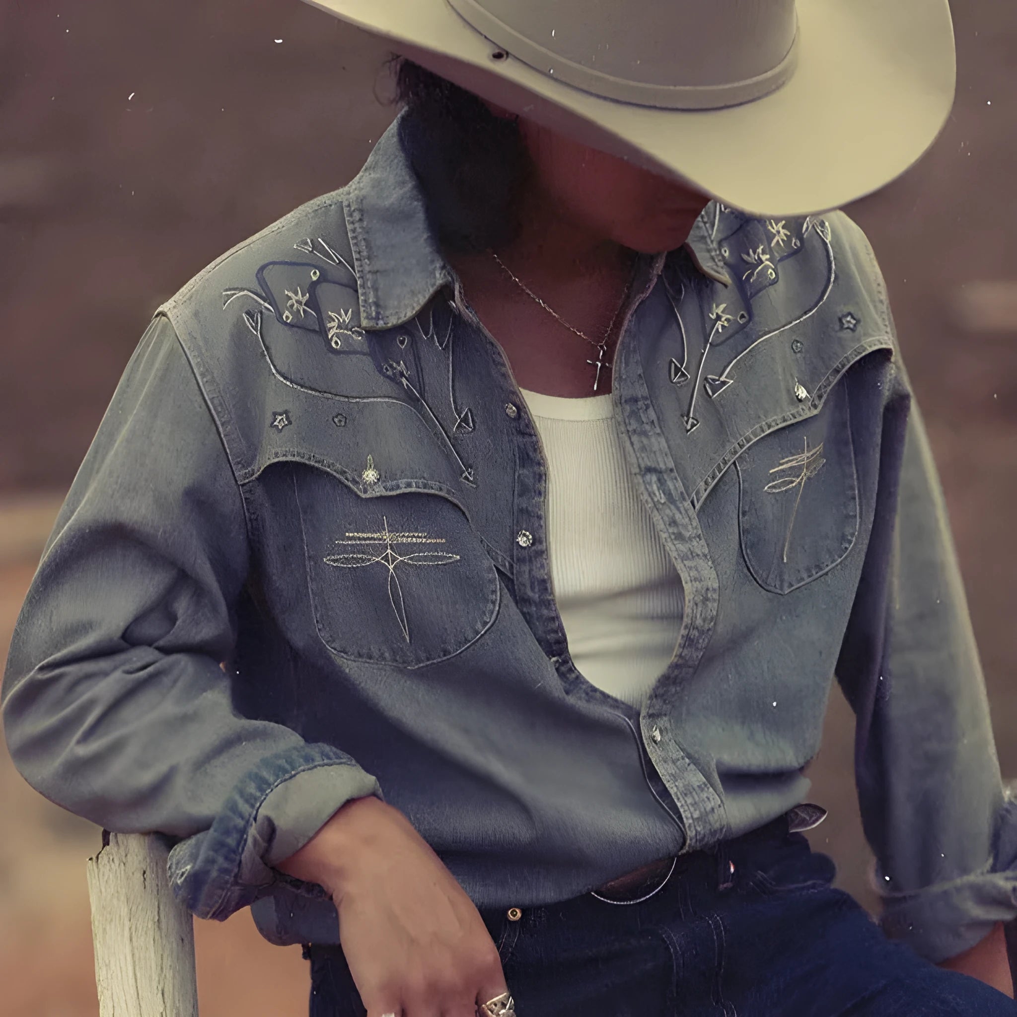 Aqua blue denim western shirt with geometric embroidery patterns and long sleeves