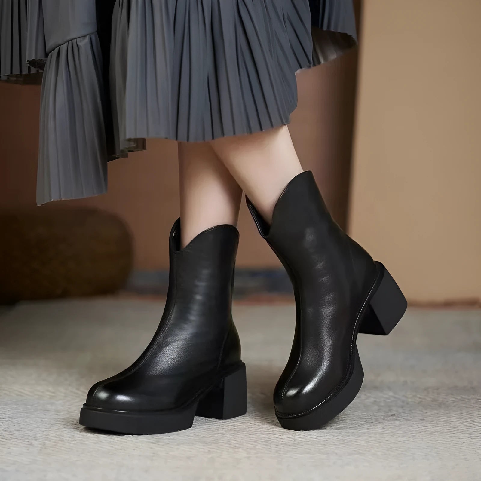 Women's thick heel martin boots with back zipper round toe black artificial PU
