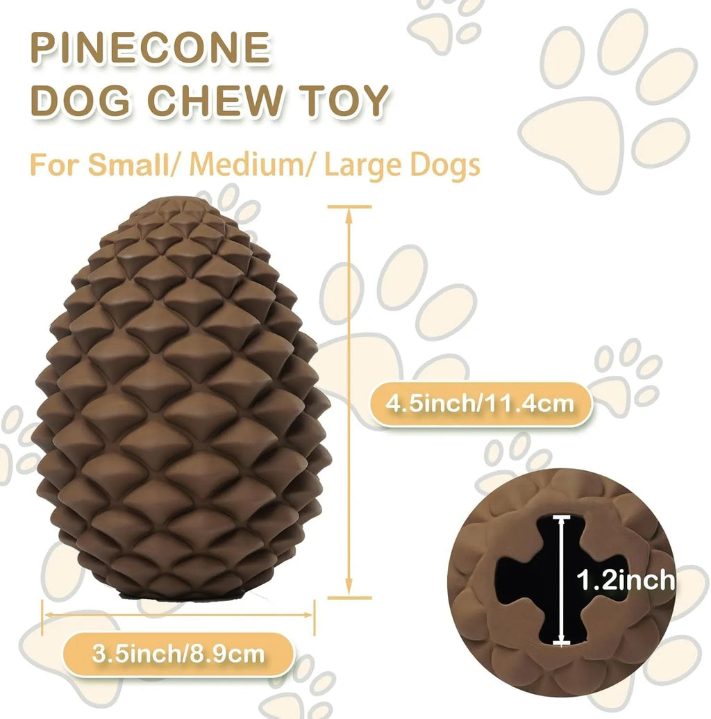 Yellow pine cone shaped natural rubber dog toy with treat dispenser hole