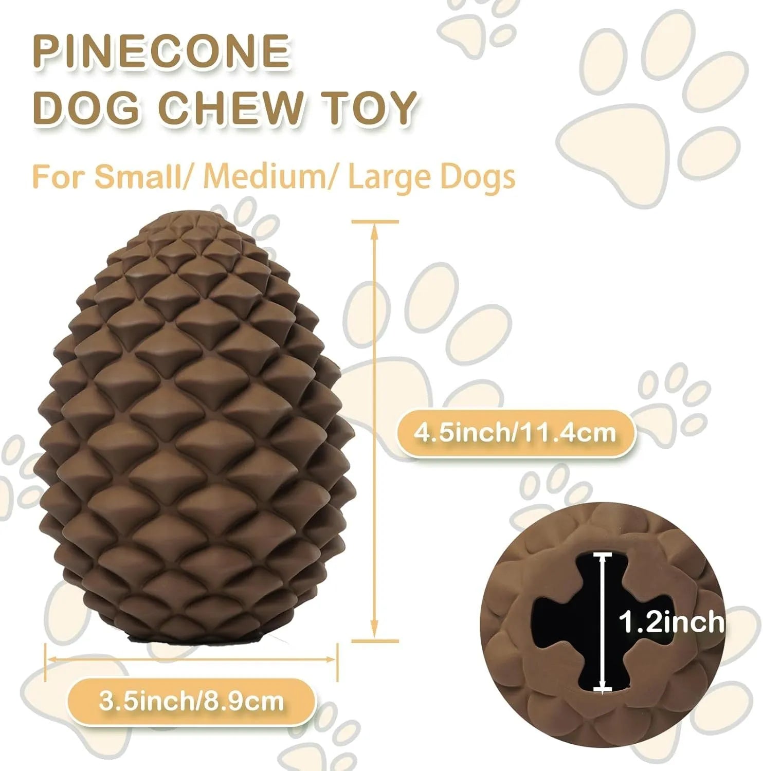 Yellow pine cone shaped natural rubber dog toy with treat dispenser hole