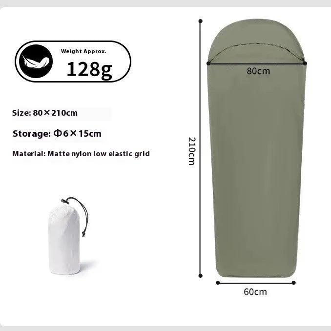 Blue and green mummy-style nylon camping sleeping bag for adults, showing packed size.