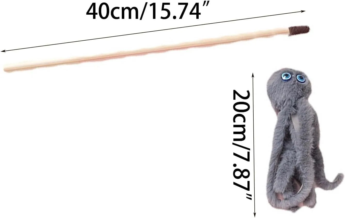 Long stick cat toy with octopus plush in grey, pink, purple or red colours, 40cm length