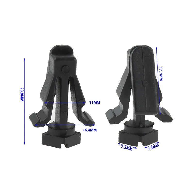 Black plastic bumper cover and radiator grille fastening clip for Nissan vehicles, model 76882-0M060.