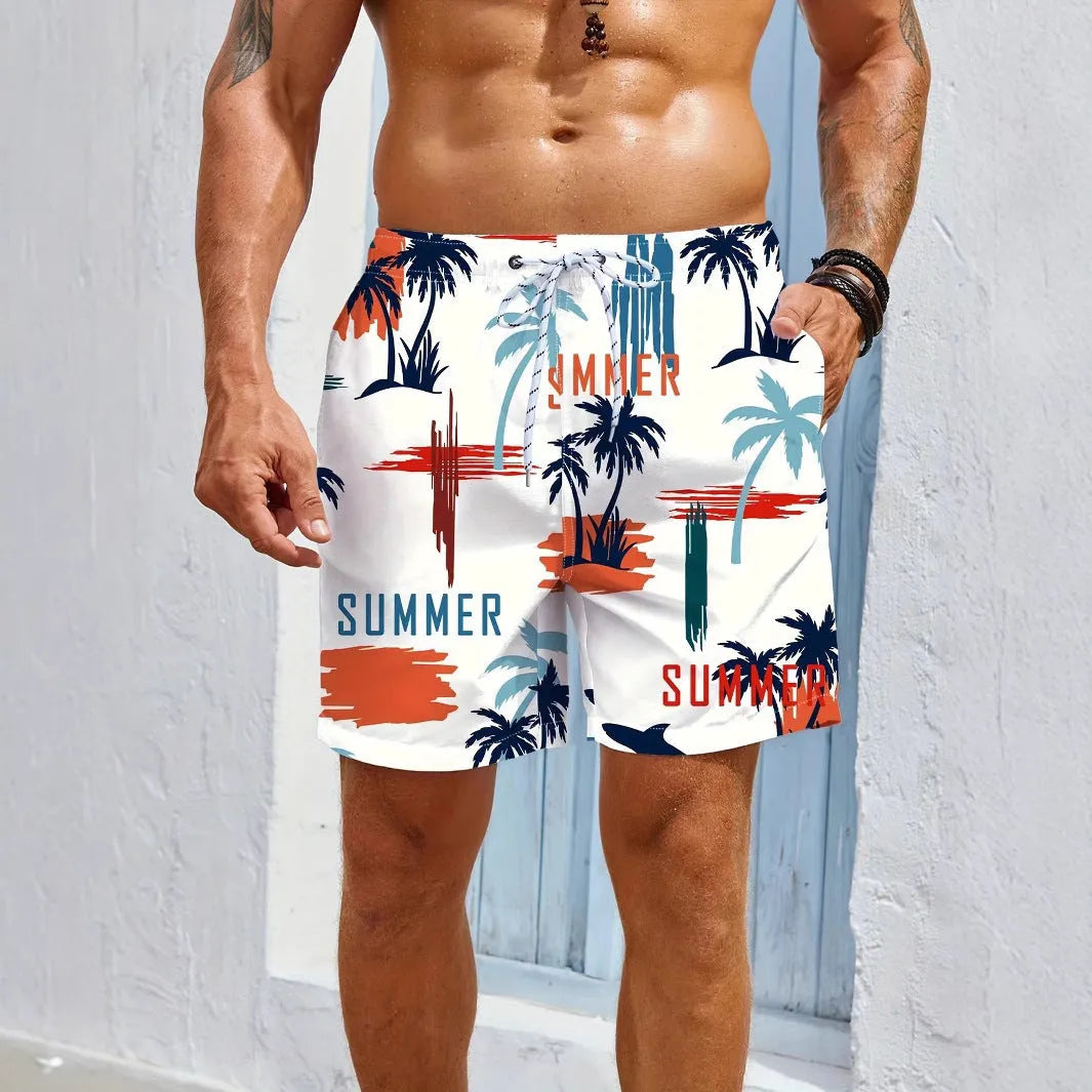 Men's micro-elastic quick-dry swimming trunks in polyester fabric showing size and colour options