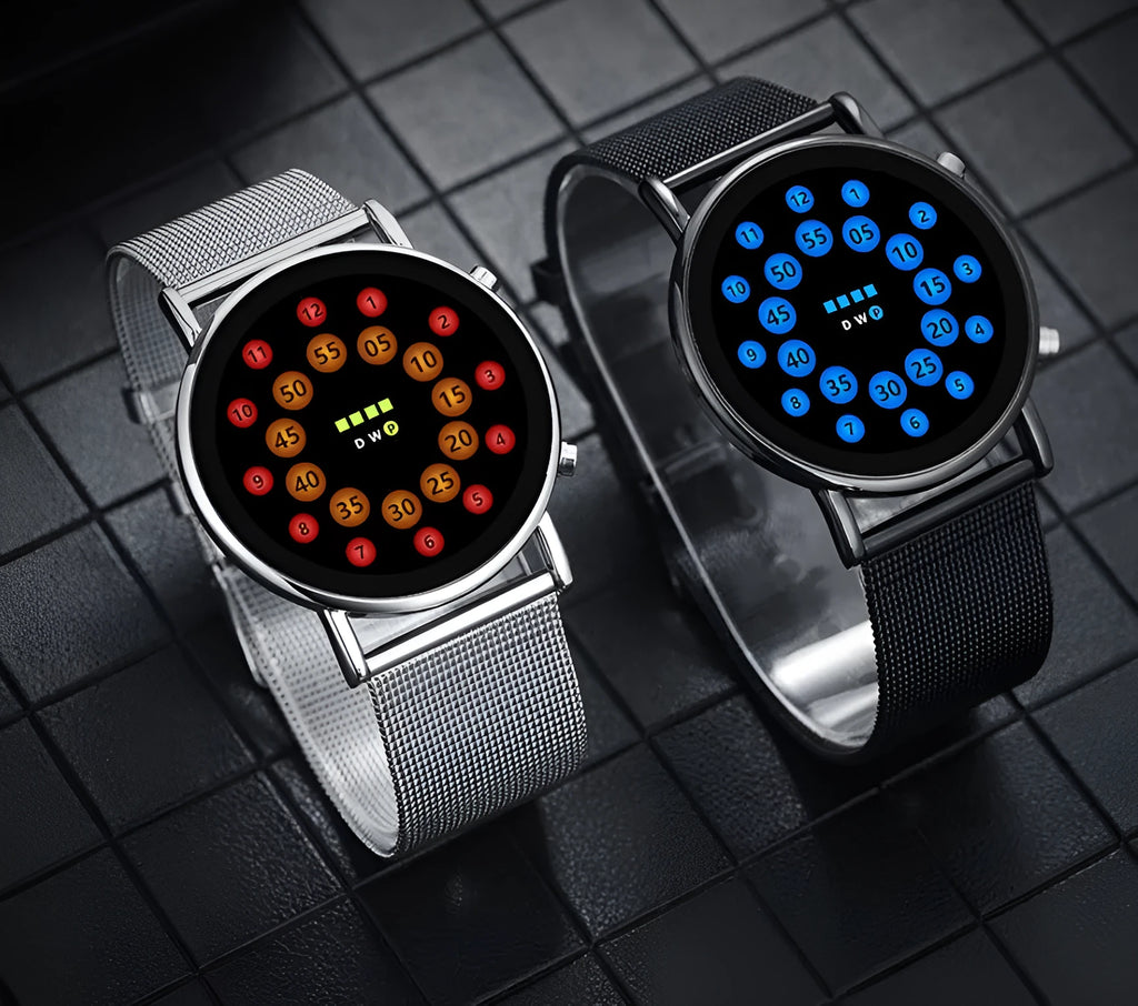 Black and silver alloy LED watch with blue lamp display on a steel mesh strap.