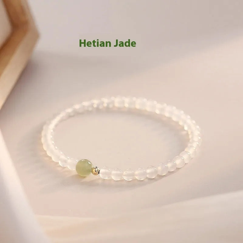 Natural Hetian jade white agate women's bracelet with 15cm circumference and manual craftsmanship
