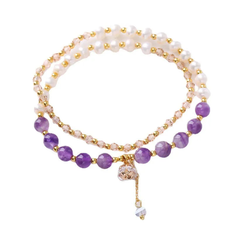 Natural freshwater pearl double-ring bracelet with crystal stones in strawberry quartz colour