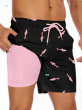 Men's black casual shorts with a white shark graphic print and a white drawstring waistband.