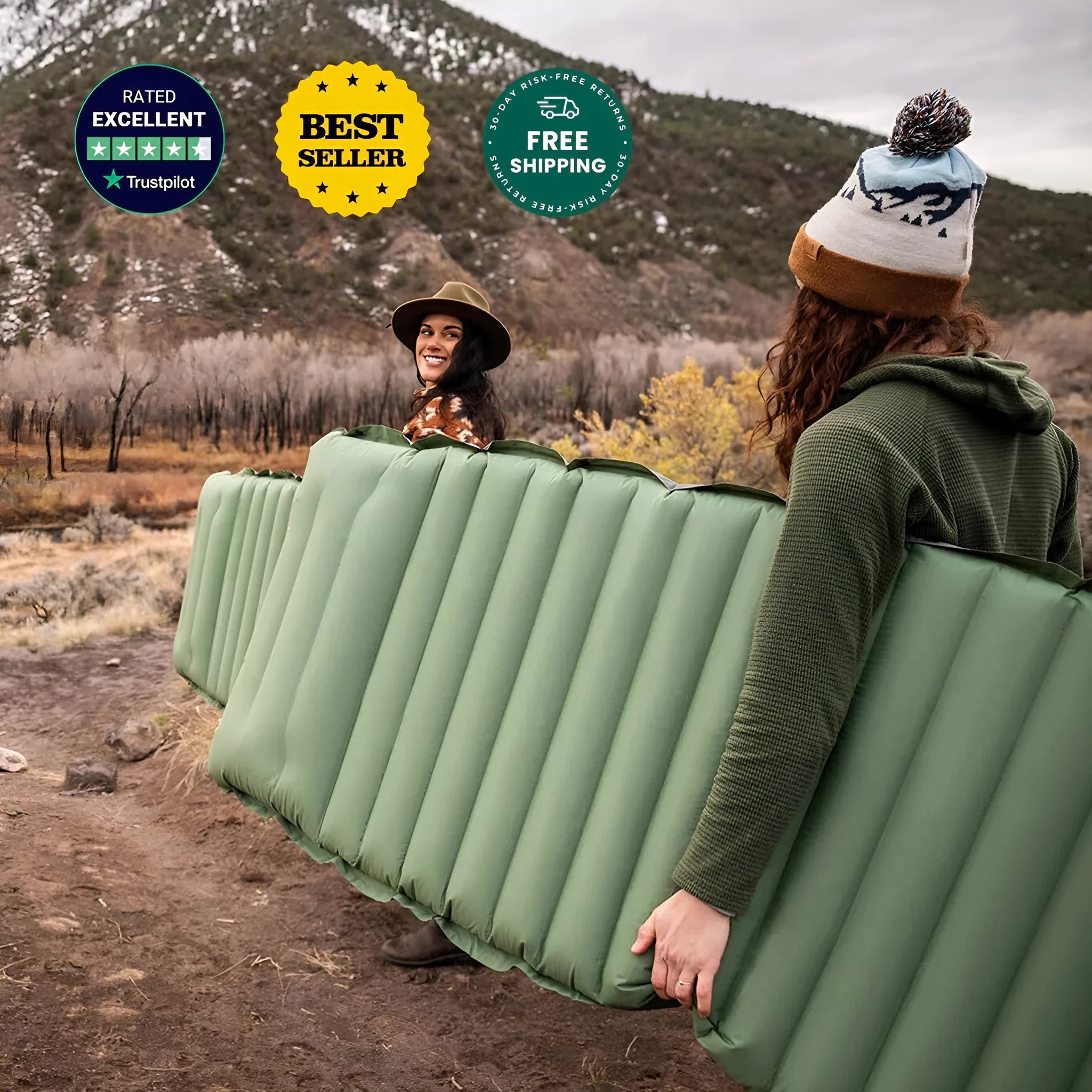 Portable inflatable camping mattress in spring rain grey colour, shown with dimensions 195x70x10 cm.