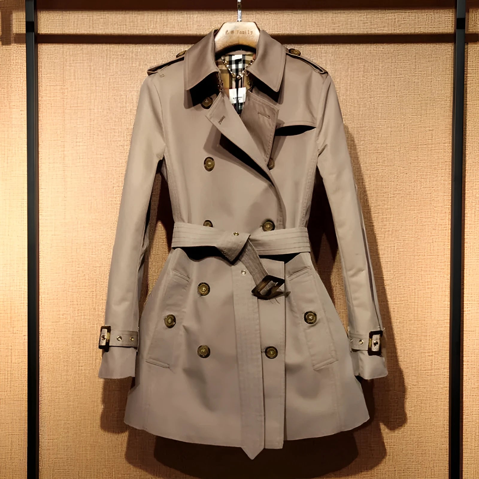 Khaki double-breasted women's trench coat with flight sleeves, shown on a hanger.
