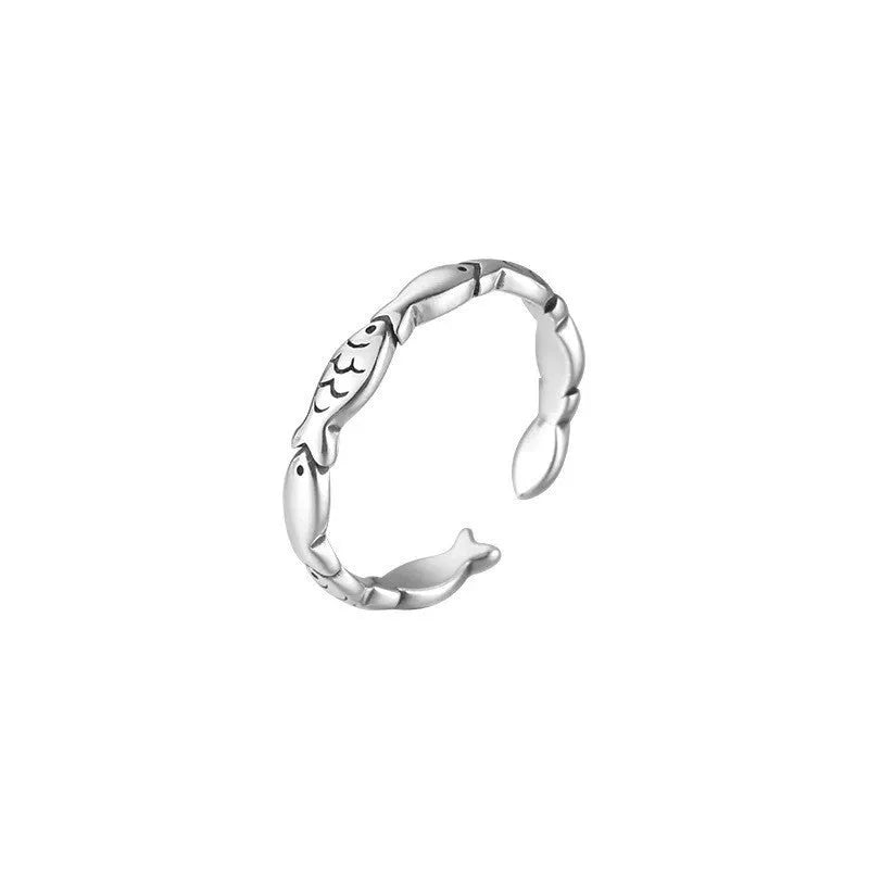 Women's adjustable S925 sterling silver fish ring with electroplated vintage finish and carp design