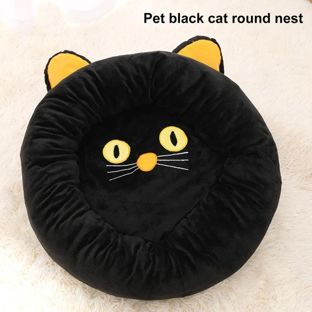 Black cat shaped velvet pet bed nest with raised edges for head support