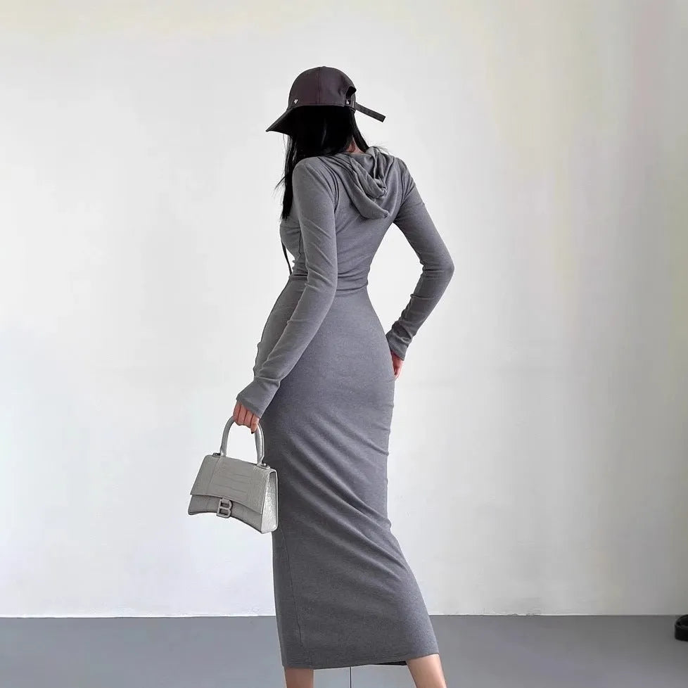 Women's grey hooded long sleeve sheath dress with an over-the-knee length