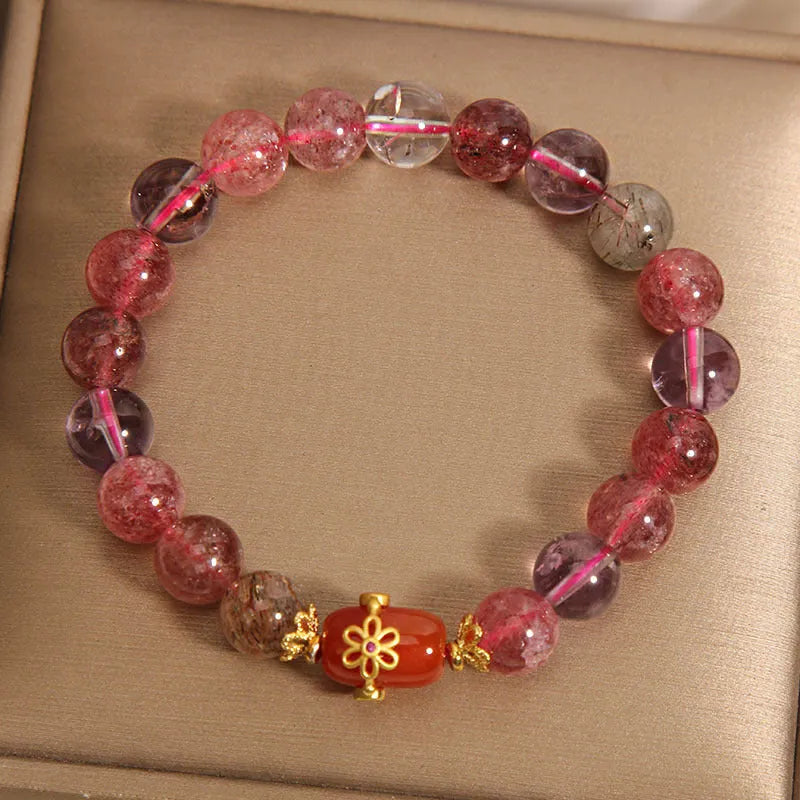 Natural Super Seven crystal bracelet with White Crystal and Red Agate beads in Cartoon style