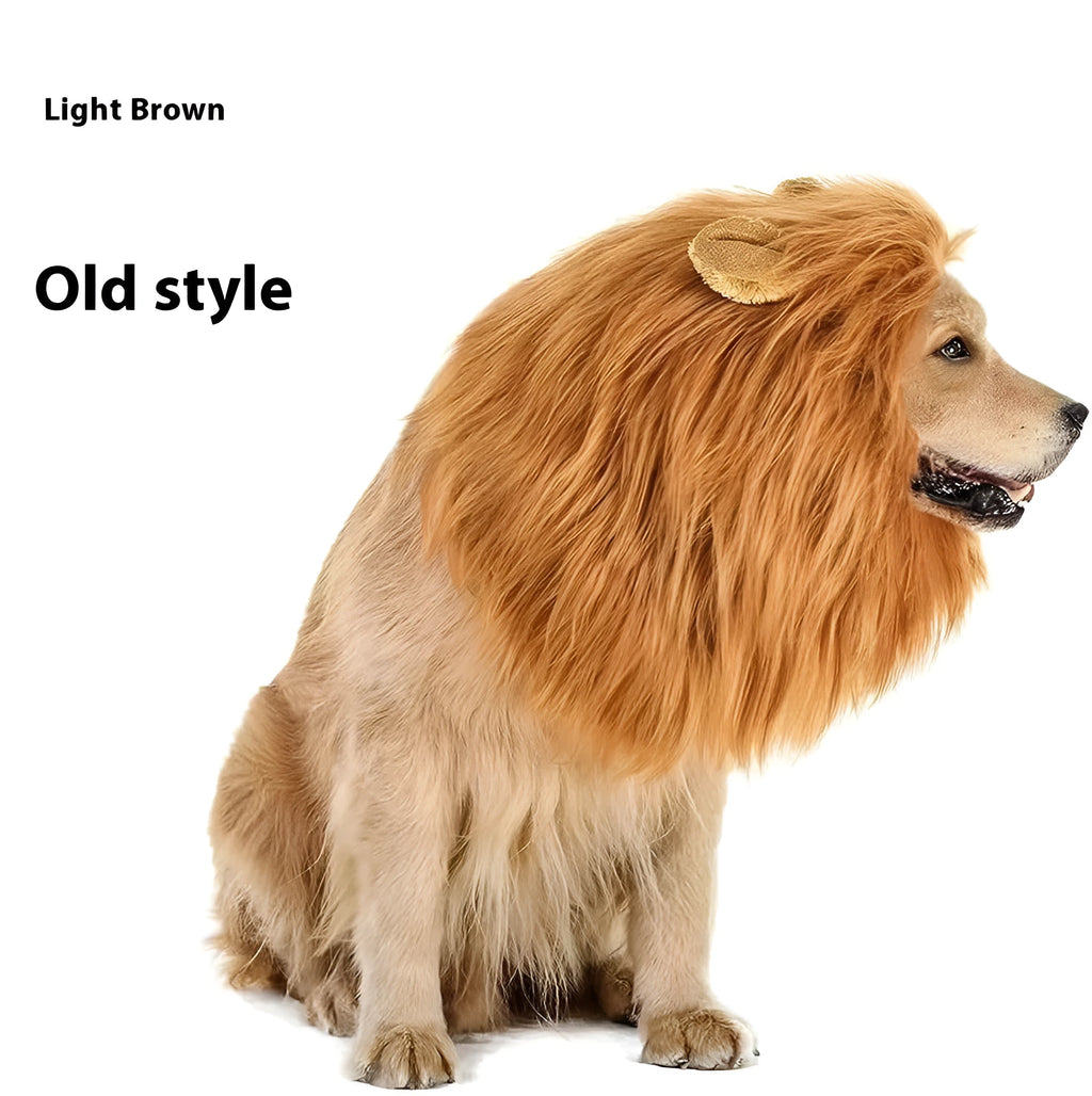 Dog wearing a brown lion headdress costume wig with a full mane and elastic neckband