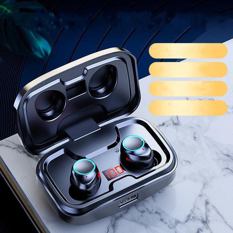 Black wireless in-ear earphones with Bluetooth 5.0 shown with a 10-metre range indicator.