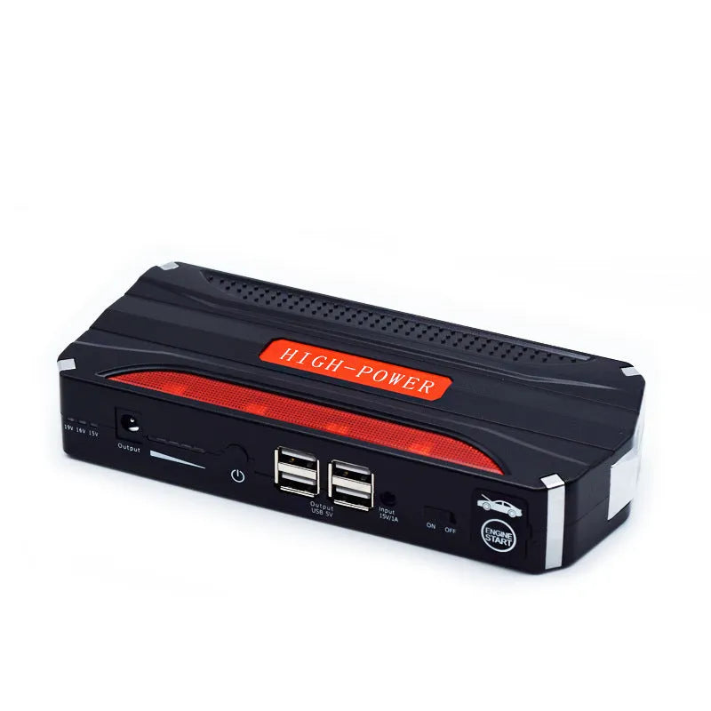 Black red 12V vehicle emergency starting power supply with 7800mAh capacity showing compact dimensions