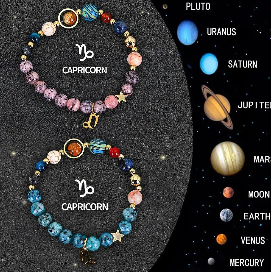 Two natural stone beaded bracelets with zodiac charms on an adjustable elastic cord.