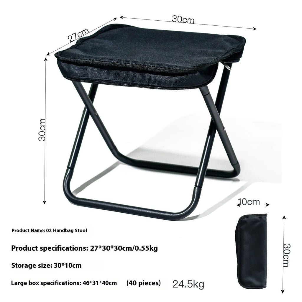 Lightweight foldable camping stool in Oxford cloth shown in a khaki colour, folded to a slim profile.
