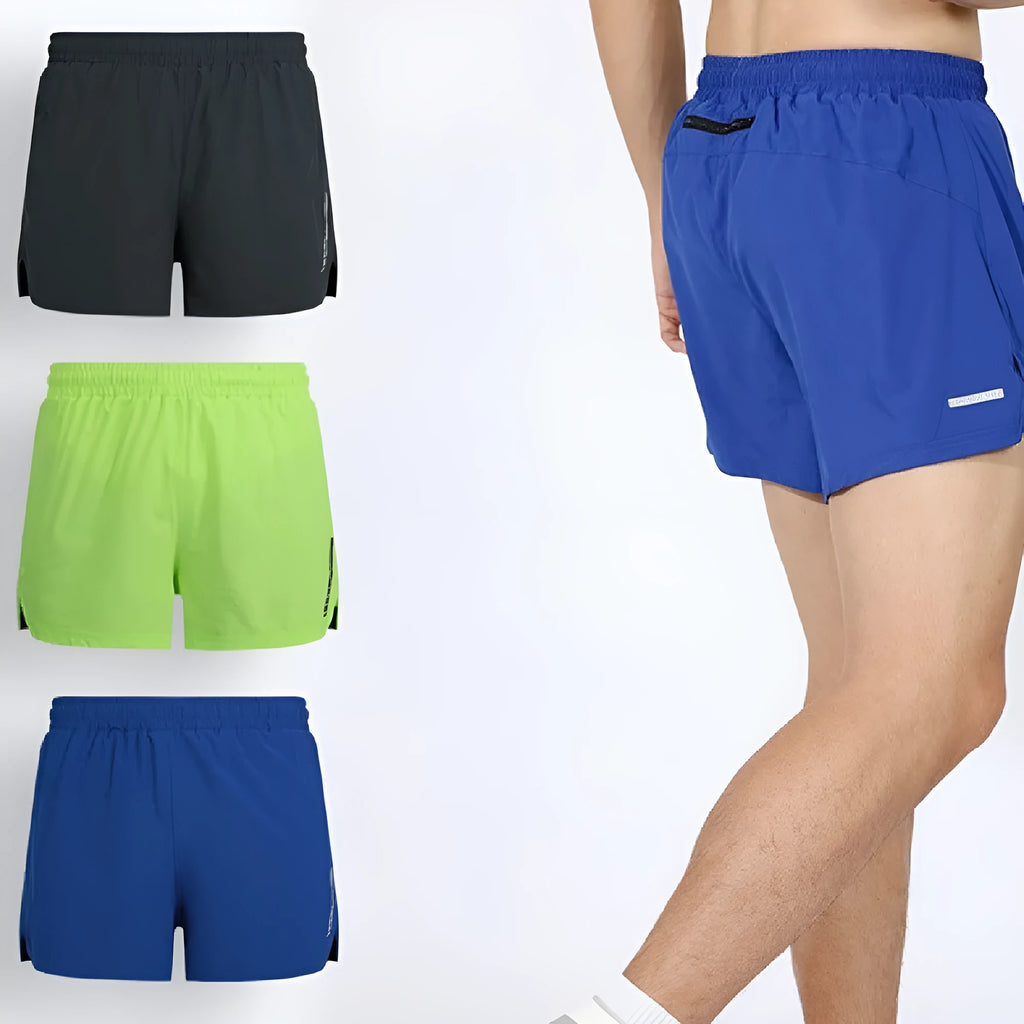 Men's grey quick-dry polyester running shorts on a size chart.
